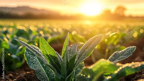 Dew Covered Vegetable Leaves in Morning Light with Warm Sunlight over Rural Green Fields : Generative AI photo