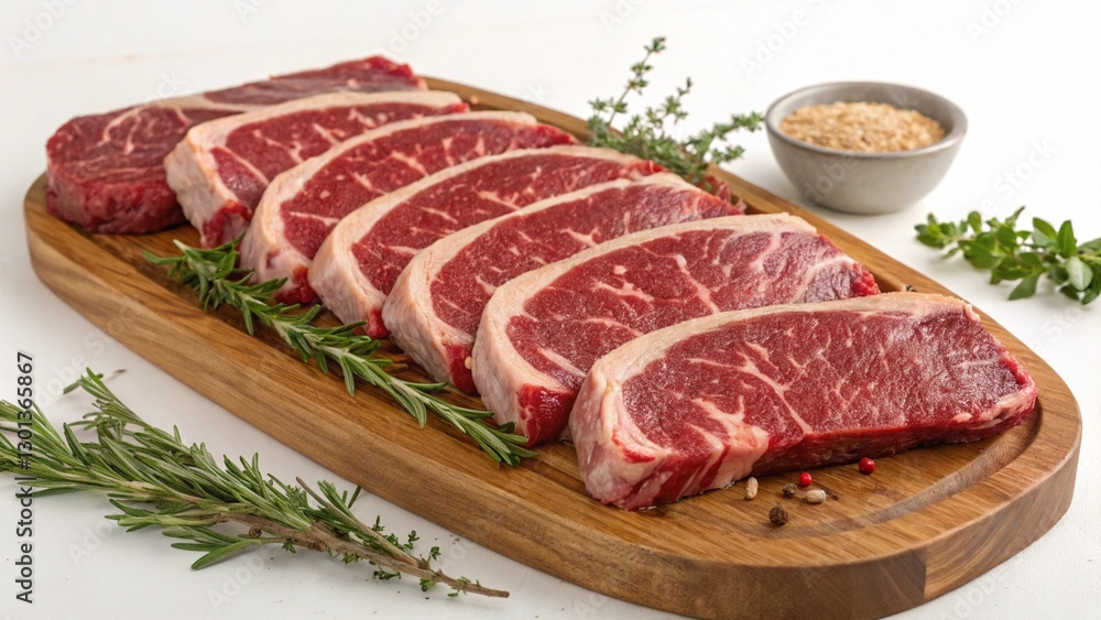Butcher's presentation of raw ribeye steaks on a wooden board, showcasing prime meat cuts for grilling, roasting, or fine dining Butcher's presentation of raw ribeye steaks on a wooden board, showcasing prime meat cuts for grilling, roasting, or fine dining