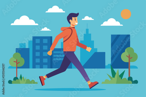 A cheerful individual strolls past a customizable flat landscape with buildings and trees in a sunny city, Passing by Customizable Flat Illustration