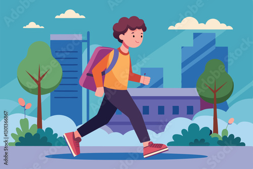 A child strolls by trees and buildings in a colorful urban setting filled with greenery, Passing by Customizable Flat Illustration