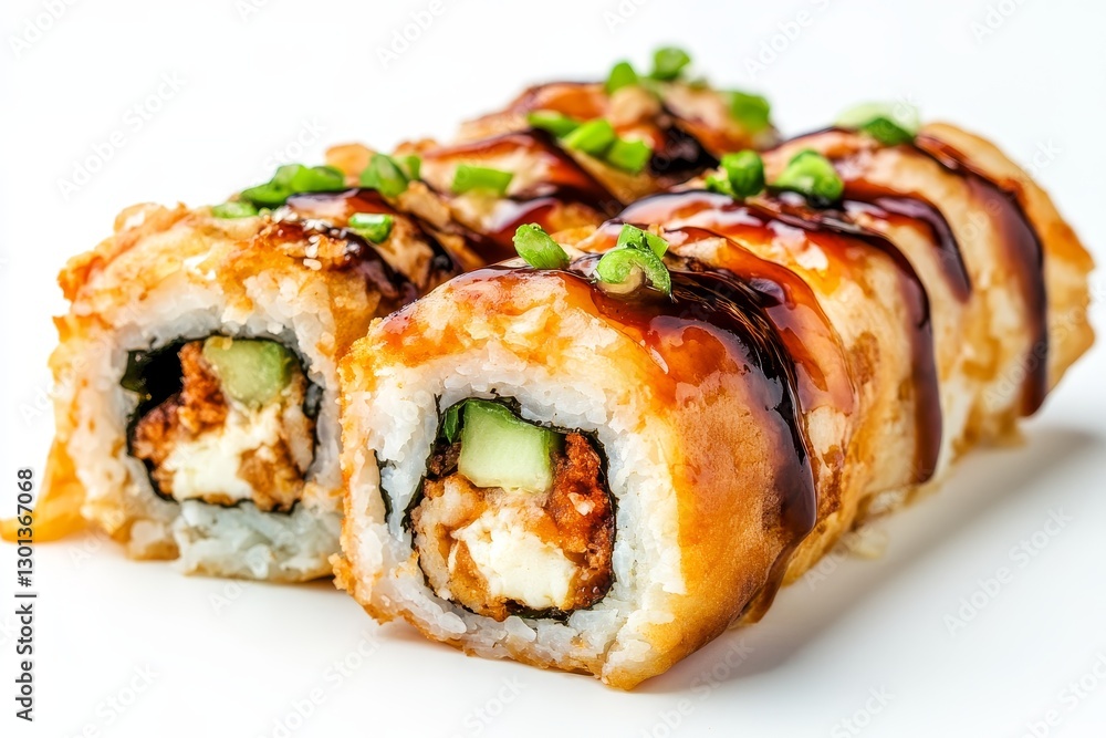 Crispy Eel Sushi Roll on White - Delicious crispy eel sushi roll, drizzled with teriyaki sauce and garnished with green onions. Represents Japanese cuisine, culinary artistry, fresh ingredients Crispy Eel Sushi Roll on White - Delicious crispy eel sushi roll, drizzled with teriyaki sauce and garnished with green onions. Represents Japanese cuisine, culinary artistry, fresh ingredients