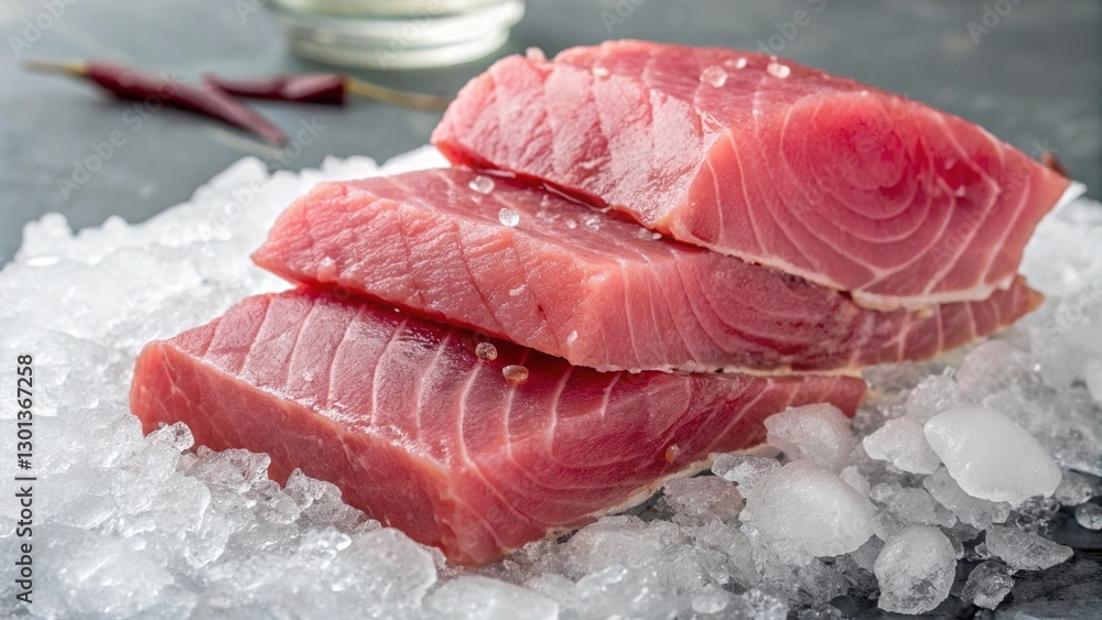 Raw tuna fillets displayed on crushed ice, highlighting the quality and freshness of the fish, ideal for culinary and gourmet food photography Raw tuna fillets displayed on crushed ice, highlighting the quality and freshness of the fish, ideal for culinary and gourmet food photography