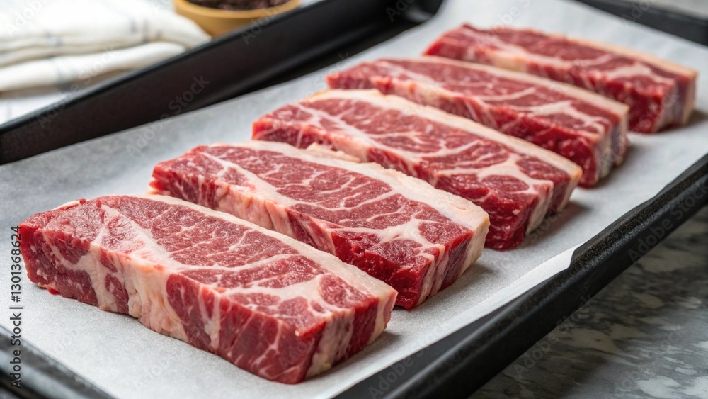 Uncooked short ribs laid out on a white surface, ready for preparation, emphasizing the rich marbling and red color of the beef Uncooked short ribs laid out on a white surface, ready for preparation, emphasizing the rich marbling and red color of the beef