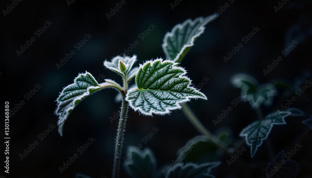 Frosted leaf illuminated by dramatic lighting, nature's beauty Frosted leaf illuminated by dramatic lighting, nature's beauty