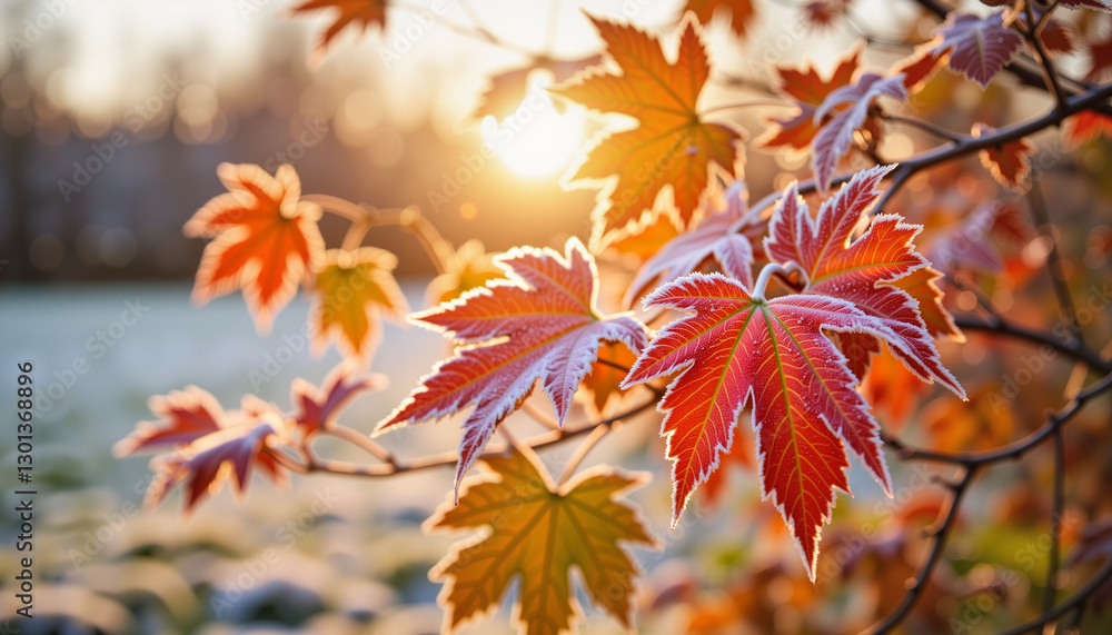 Vibrant autumn leaves covered in frost at sunrise, seasonal beauty Vibrant autumn leaves covered in frost at sunrise, seasonal beauty