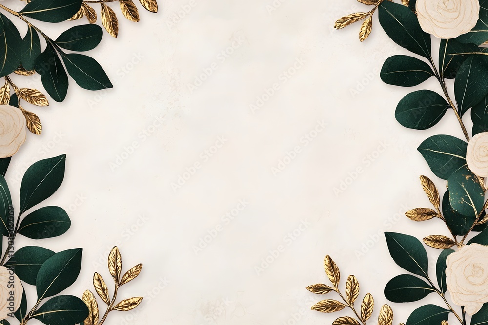 Elegant Floral Frame with Gold Leaves and White Roses on Cream Background Elegant Floral Frame with Gold Leaves and White Roses on Cream Background