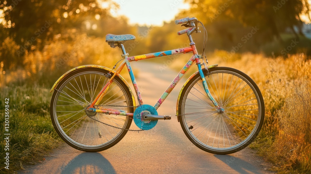 Fototapeta premium A colorful bicycle stands stationary on a golden pathway