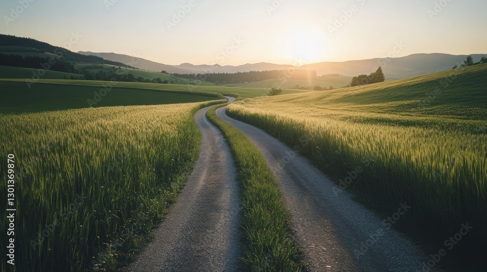 A winding road with a beautiful sunset in the distance A winding road with a beautiful sunset in the distance