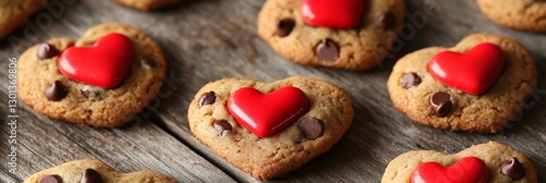 Delicious Heart-Shaped Chocolate Chip Cookies - Sweet, romantic, homemade, chocolate, Valentine's Day. These heart-shaped cookies symbolize love, care, sweetness, and celebration photo