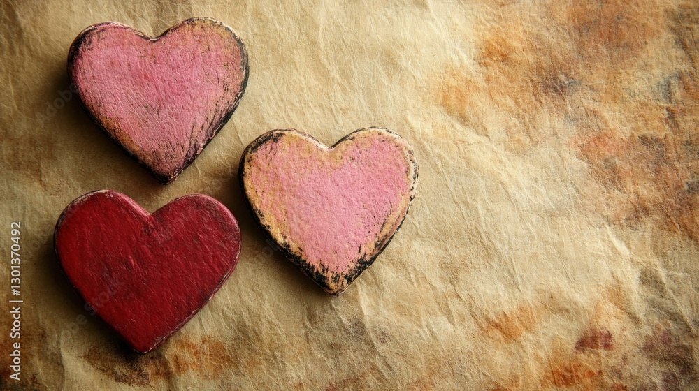 Three wooden painted hearts rest on aged paper surface Three wooden painted hearts rest on aged paper surface