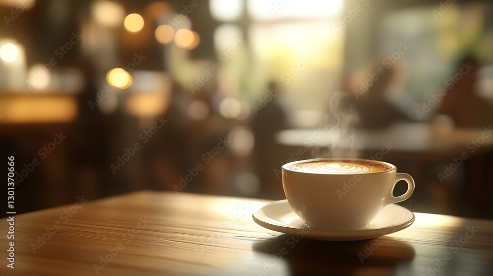 Steaming coffee cup with latte art on a rustic surface in a warm and inviting cafe setting : Generative AI