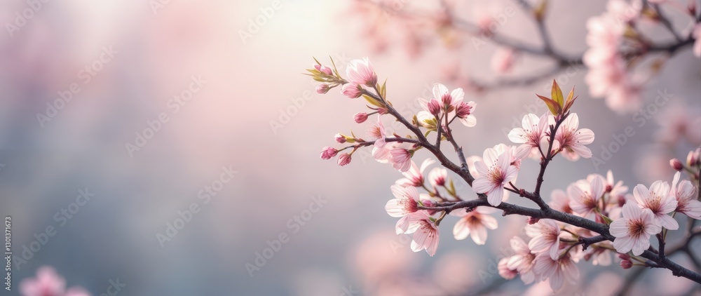 Ethereal cherry blossoms on a slender branch, illuminated by soft, diffused light. Pastel hues of pink, peach, and lavender blend harmoniously, with a blurred floral background creating a tranquil, Ethereal cherry blossoms on a slender branch, illuminated by soft, diffused light. Pastel hues of pink, peach, and lavender blend harmoniously, with a blurred floral background creating a tranquil,