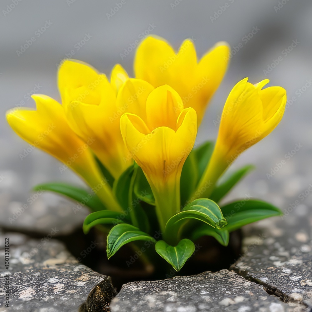 Obraz premium Bright Yellow Flowers Growing Through Cracks in Stone