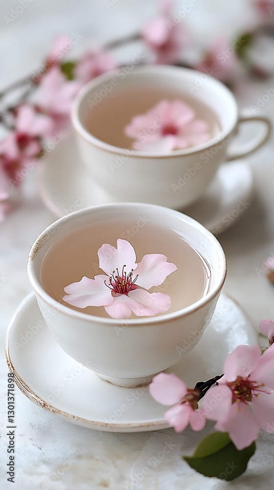 Blossom tea served in cups on marble surface Blossom tea served in cups on marble surface