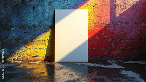 Empty white vertical rectangle poster or business card mockups with a diagonal rainbow shadow on a black concrete background, shown in a flat lay top view.