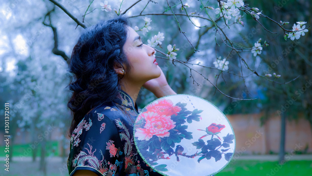 Young woman smelling almond blossoms in traditional chinese dress with hand fan