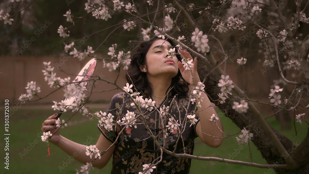 Young woman smelling almond blossoms in traditional chinese clothing