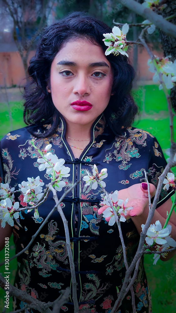 Young woman smelling almond blossoms in traditional chinese dress
