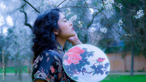 Obraz na płótnie Young woman smelling almond blossoms in traditional chinese dress with hand fan w salonie