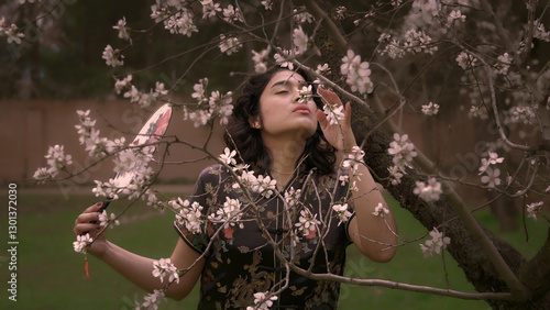 Obraz na płótnie Young woman smelling almond blossoms in traditional chinese clothing w salonie