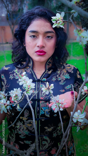 Young woman smelling almond blossoms in traditional chinese dress
