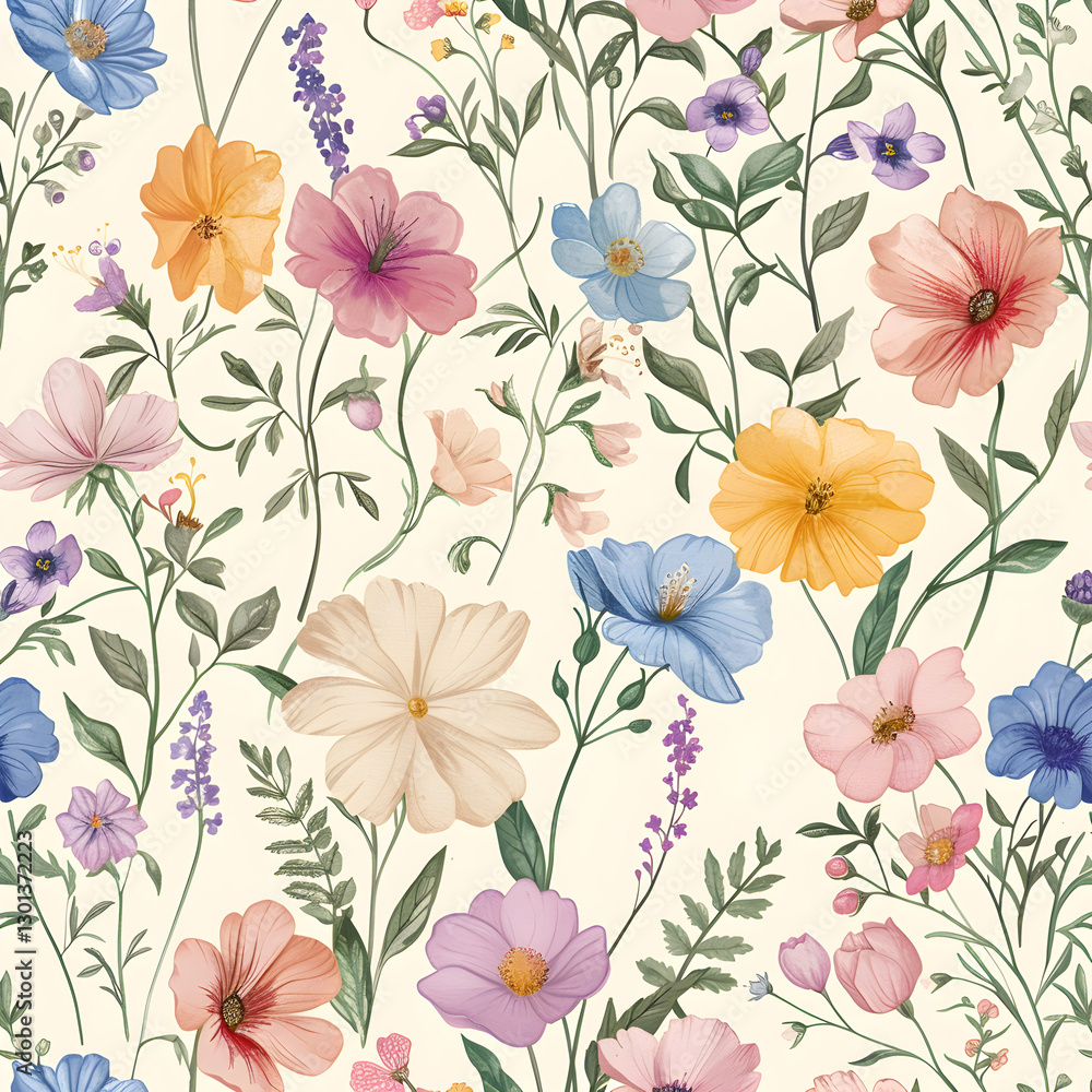 Whimsical Floral Frenzy: Vibrant Hand-Drawn Flowers and Leafy Vines in Seamless Pastel Pattern Whimsical Floral Frenzy: Vibrant Hand-Drawn Flowers and Leafy Vines in Seamless Pastel Pattern
