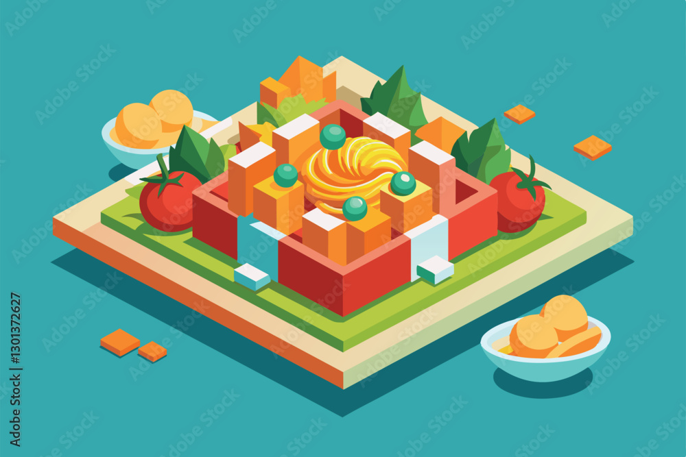 Fototapeta premium This illustration features a vibrant, customizable pasta dish arranged with fresh vegetables and toppings, Pasta Customizable Isometric Illustration