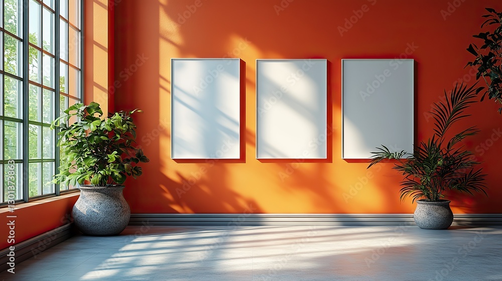Fototapeta premium Empty white wedding stationery mockups with light refraction effect on an orange background.