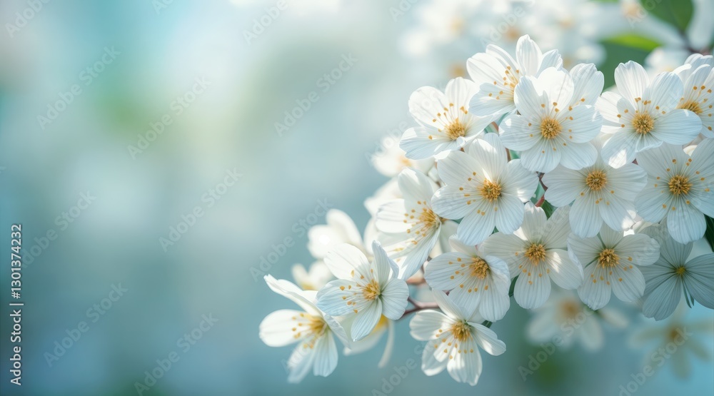 Close-up of delicate white flowers with pale yellow centers, softly illuminated by sunlight. Airy, romantic floral scene with gentle bokeh of green and blue tones, creating a dreamy, serene springtime Close-up of delicate white flowers with pale yellow centers, softly illuminated by sunlight. Airy, romantic floral scene with gentle bokeh of green and blue tones, creating a dreamy, serene springtime