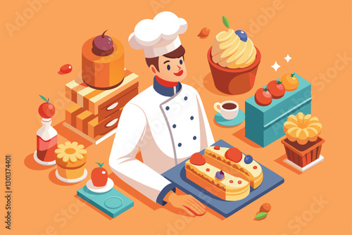 A pastry chef skillfully arranges colorful desserts on a tray surrounded by baking essentials, Pastry chef Customizable Isometric Illustration