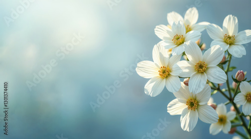 Soft-focus close-up of delicate white flowers with pale yellow centers, bathed in warm sunlight. Gentle bokeh background of pale green and blue foliage. Light, airy, impressionistic floral scene, roma photo