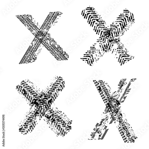 Set of crossed out grunge X signs drawn with black strokes in the shape of the letter X, textured with car tire tread prints, vector isolated on a white background
