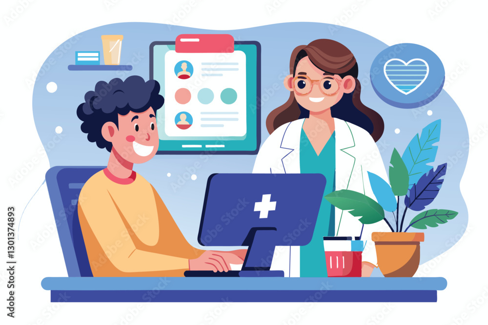 A patient smiles while consulting a healthcare professional online from a comfortable office space, patient is having an online consultation about health with a doctor A patient smiles while consulting a healthcare professional online from a comfortable office space, patient is having an online consultation about health with a doctor