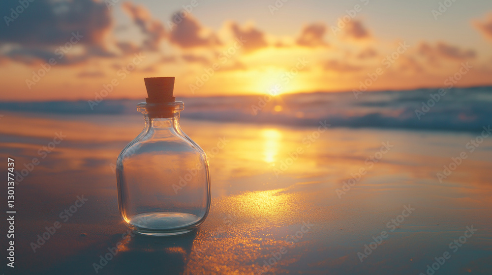 Sleek clear glass bottle with cork removed, placed on a textured surface for modern appeal Sleek clear glass bottle with cork removed, placed on a textured surface for modern appeal