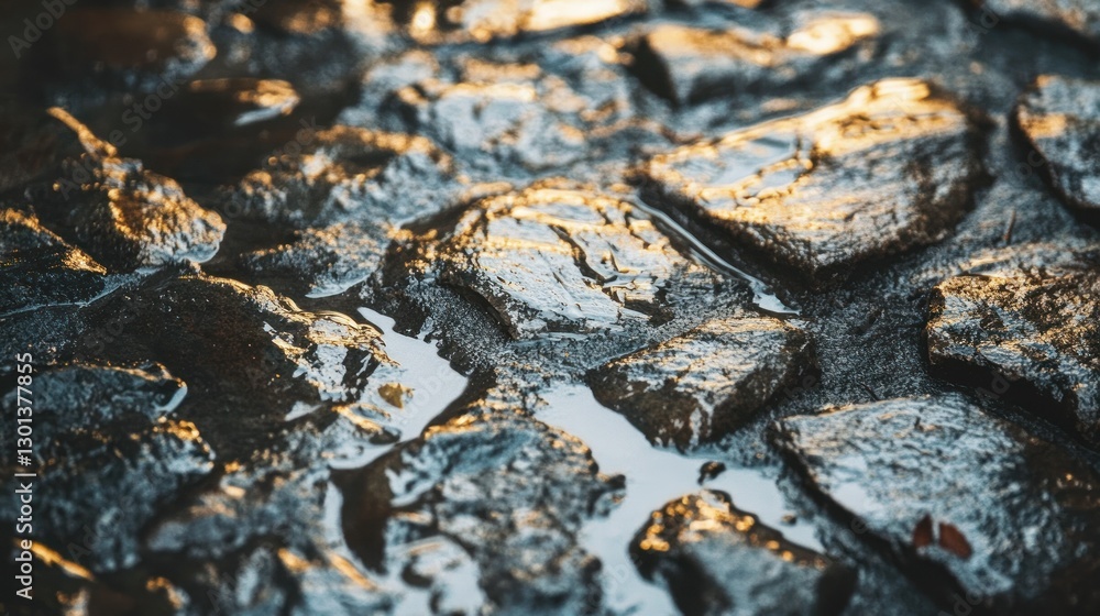 Dark cobblestone rocks are wet with some shiny water reflections Dark cobblestone rocks are wet with some shiny water reflections