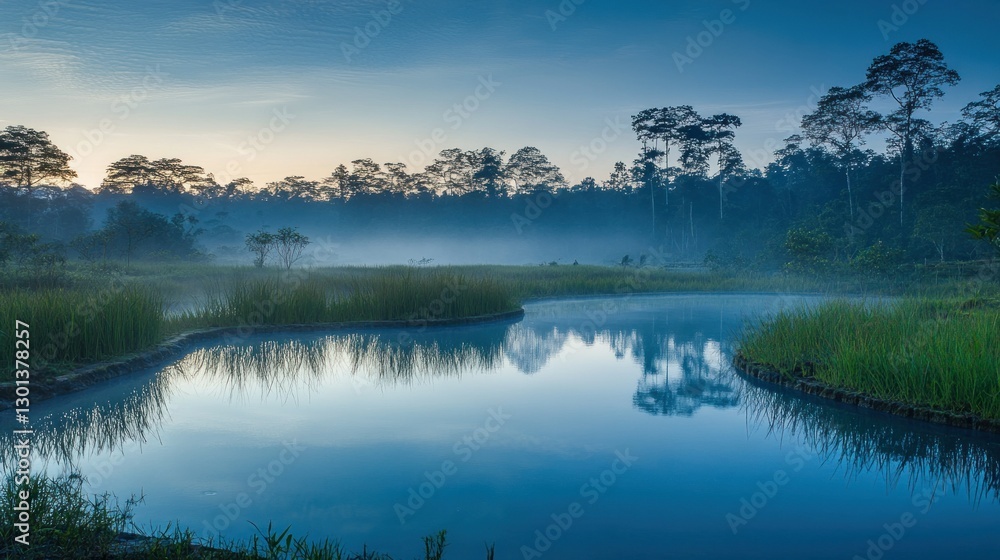 Fototapeta premium A serene lake reflects the forested landscape at dawn