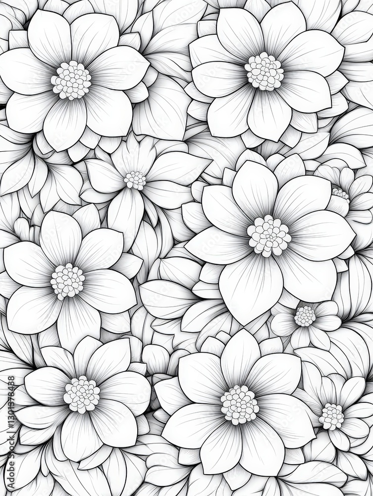 Fototapeta premium A detailed black and white floral pattern, featuring various flowers and leaves, ideal for coloring books, textile designs, or graphic art projects, It offers a soothing and creative aesthetic,