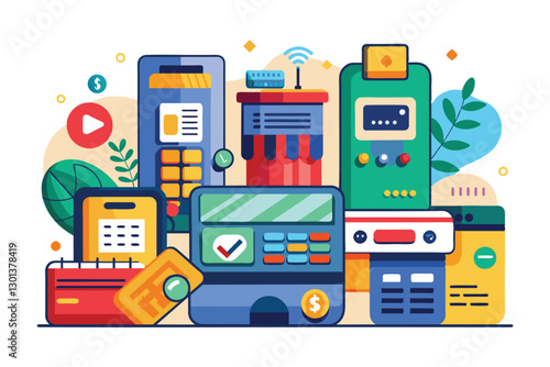 A vibrant illustration showcases multiple payment methods including credit cards, ATMs, and mobile devices, Payment methods at credit card terminals
