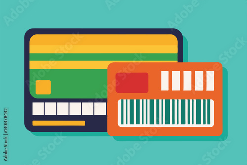 A debit card is placed next to a payment barcode, showcasing methods for modern cashless transactions, Payment by debit card and payment barcode