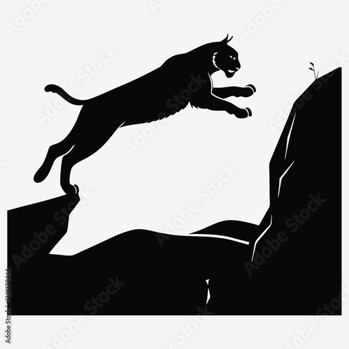 A bobcat leaping between rocks  silhouette design vector art and illustration