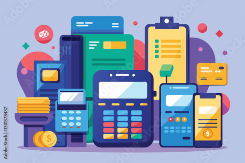 A variety of credit card terminals and payment devices are showcased, highlighting contemporary transaction options, Payment methods at credit card terminals