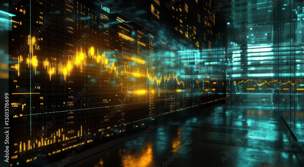 Intricate digital graphs representing stock market activity are displayed against a glossy backdrop, emphasizing financial trends and data analysis