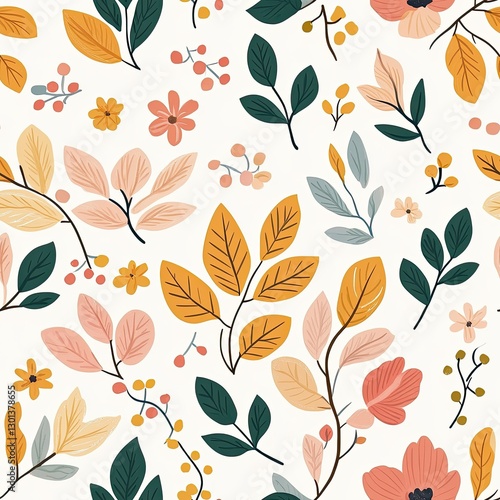 Wallpaper Mural Autumn-inspired floral damask with soft pastel leaves and seasonal blossoms, Autumn pastel floral seamless, seasonal bloom pastel damask, soft autumn leaves pattern. Torontodigital.ca