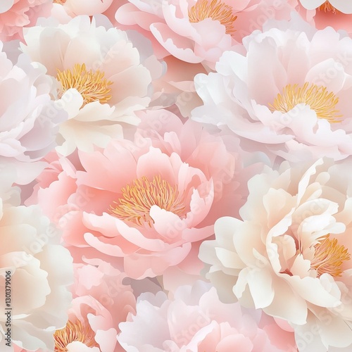 Delicate peonies in blush pastel tones with soft overlapping petals, Peony pastel floral seamless, soft blush pastel bloom, delicate pastel peonies pattern.
