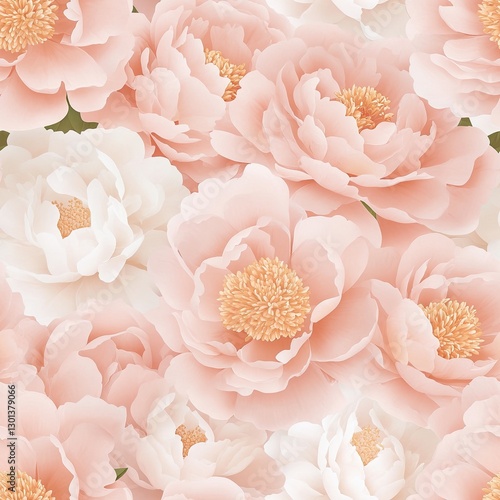 Delicate peonies in blush pastel tones with soft overlapping petals, Peony pastel floral seamless, soft blush pastel bloom, delicate pastel peonies pattern.