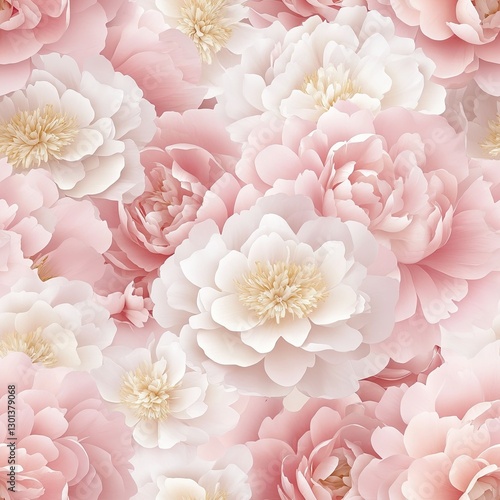 Delicate peonies in blush pastel tones with soft overlapping petals, Peony pastel floral seamless, soft blush pastel bloom, delicate pastel peonies pattern.