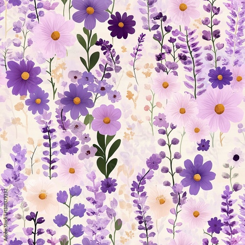 Lilac and lavender floral mix in dreamy pastels with soft watercolor textures, Lavender pastel floral seamless, lilac bloom pastel pattern, dreamy soft pastel flowers.