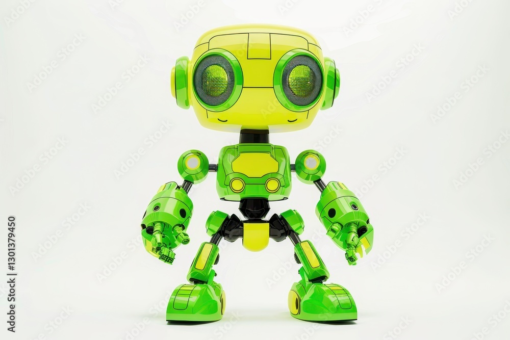 Robot toy with green and yellow parts isolated on white background Robot toy with green and yellow parts isolated on white background