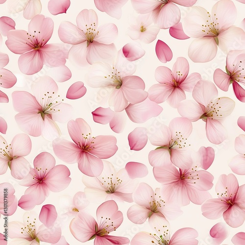 Romantic cherry blossom pattern in soft pink pastels with floating petals, Cherry blossom pastel seamless, soft pink pastel bloom, delicate pastel floral petals.