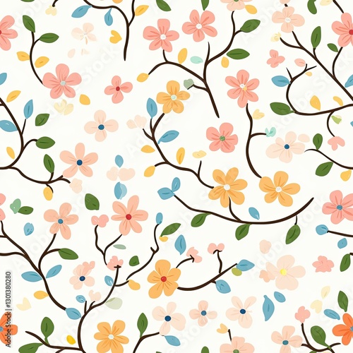 Spring floral pattern in soft pastel hues with delicate blossoms and swirling vines, Spring floral pastel seamless, soft pastel spring bloom, delicate pastel seasonal floral pattern.